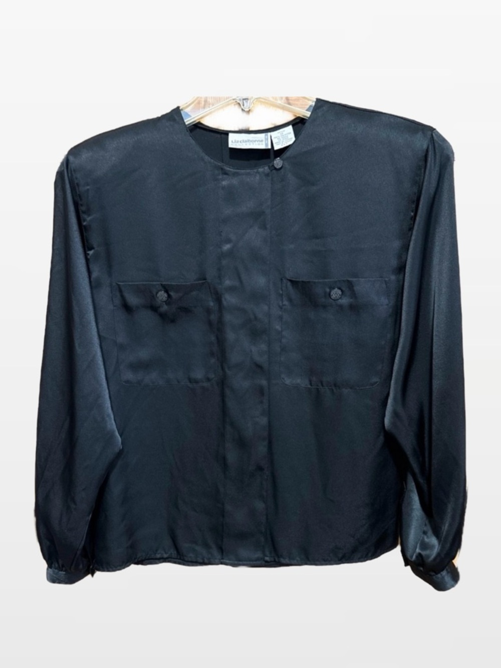 Women’s Vintage Liz Claiborne Silky Classic Black Blouse Petite Size 12
